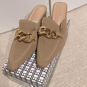 Cozy Casual Newbella Mules with Gold Buckles